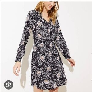 LOFT Black and Pink Floral Long Sleeve Trimmee Dress Small